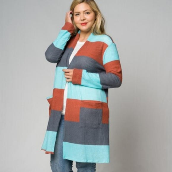 1X Aqua Colorblock Hacci Waffle Knit Cardigan - Picture 2 of 4